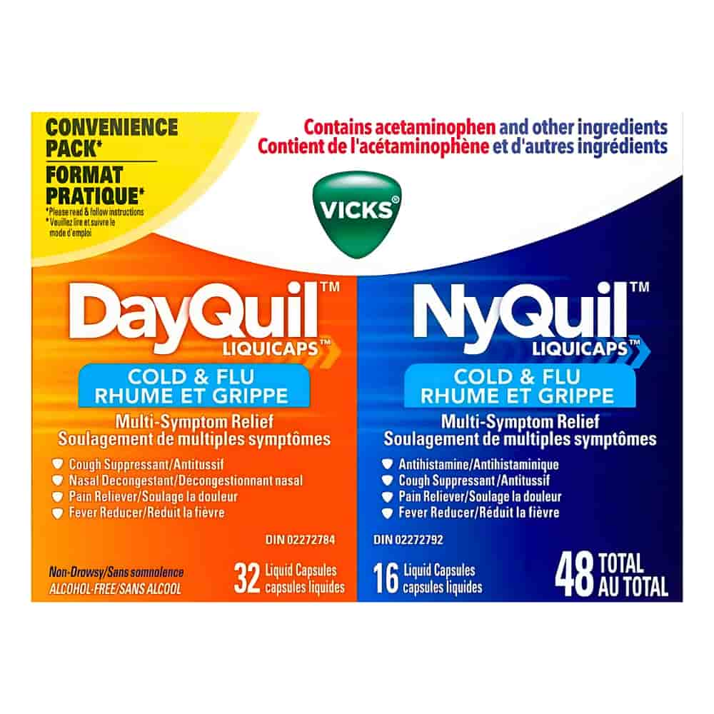 DayQuil Cold & Flu Multi-Symptom Relief Liquid Capsules + Vicks NyQuil Cold & Flu Multi-Symptom Relief Liquid Capsules, Total 48 Count