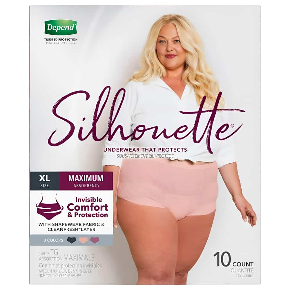 Depend Silhouette Adult Incontinence Underwear for Women - Pink/Black/Berry - Maximum Absorbency - XL/10 Count