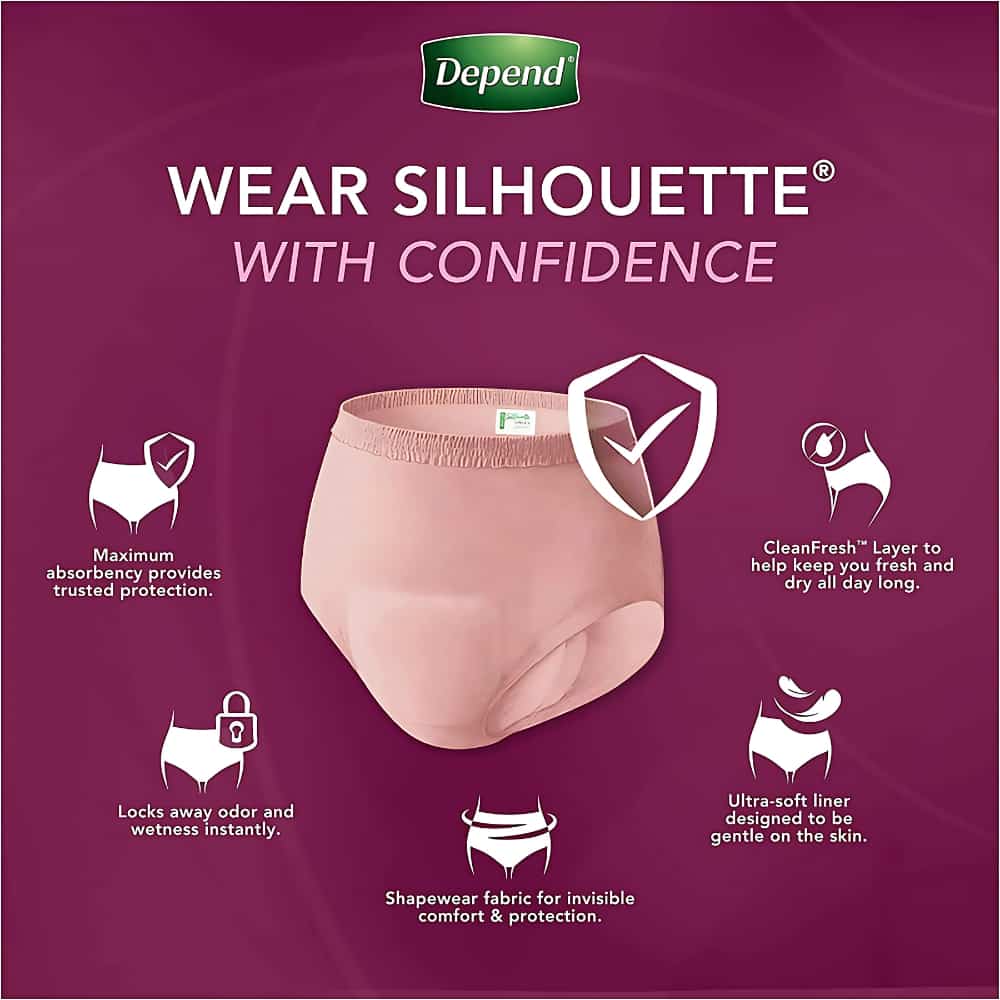 Depend Silhouette Adult Incontinence Underwear for Women - Pink/Black/Berry - Maximum Absorbency - Large/12 Count