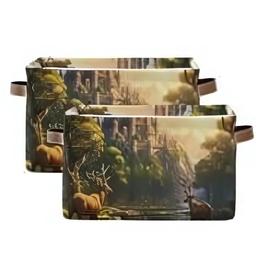 Deers Magic Landscape Storage Basket Large Bin Laundry Boxes Toys Foldable Home Organizer Bag 14.2x10.2x8.3 Inches 2 PCs