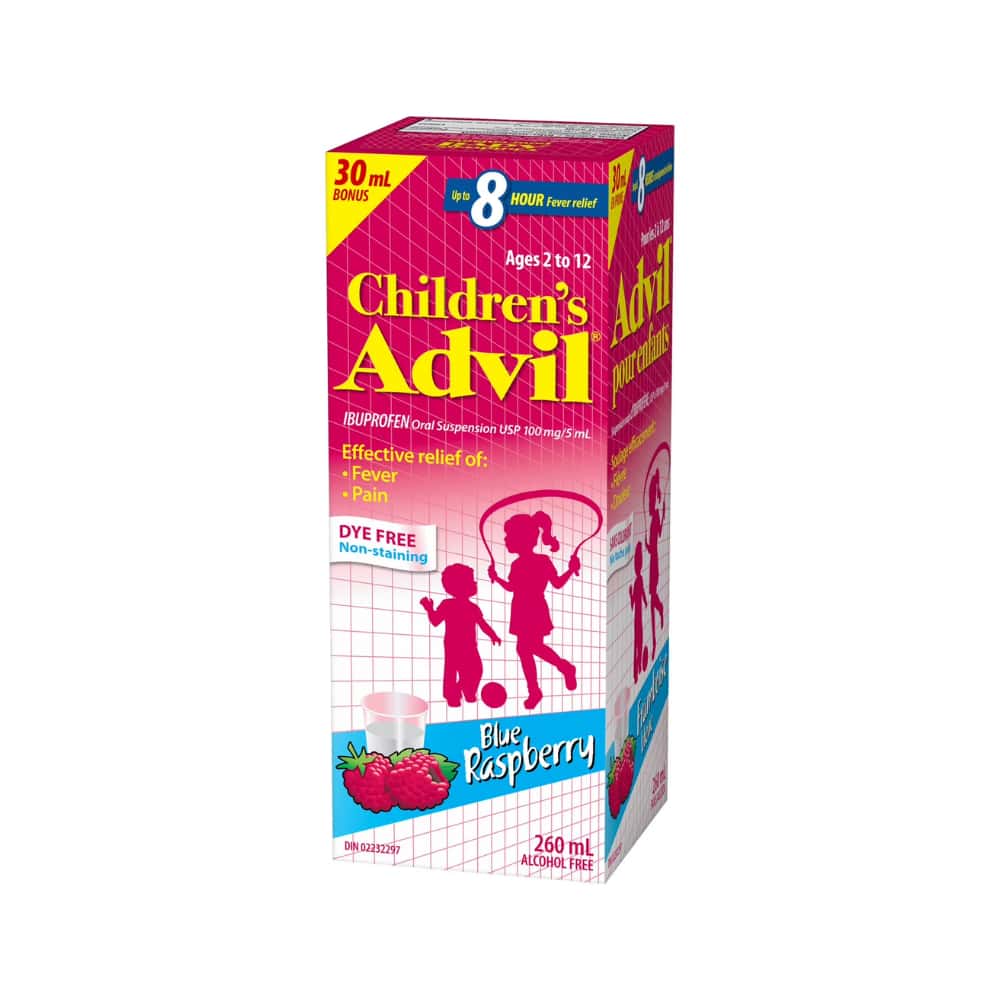 Children's Advil Fever and Pain Relief Ibuprofen Oral Suspension, Dye Free, Blue Raspberry, 230 mL