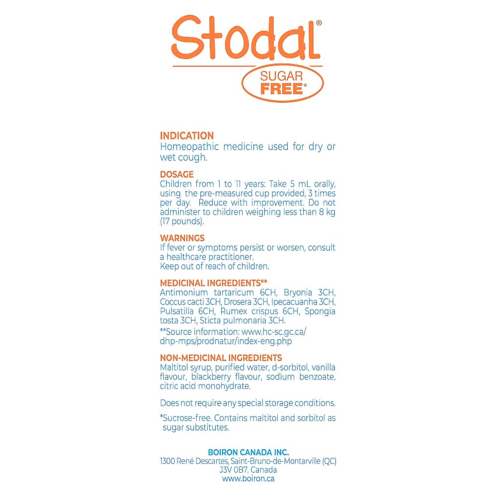 Children's Stodal Sugar Free Is a Homeopathic Syrup for Wet or Dry Cough in Children 1 to 11 Years of Age.