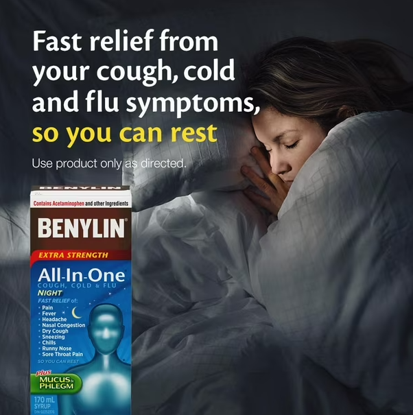 Benylin Extra Strength All-In-One Cough, Cold & Flu Night Syrup - 170ml