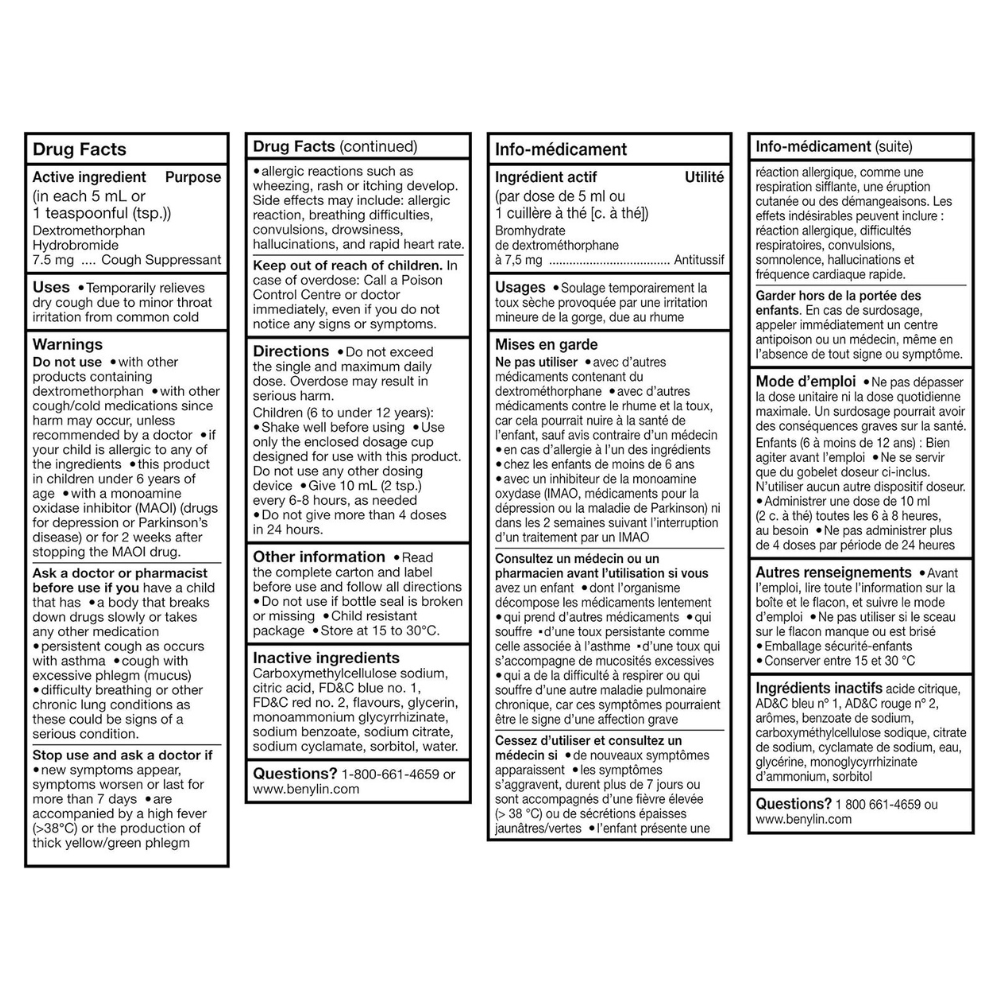 Childrenβs Benylin DM grape flavor 100ml bottle for cough and cold