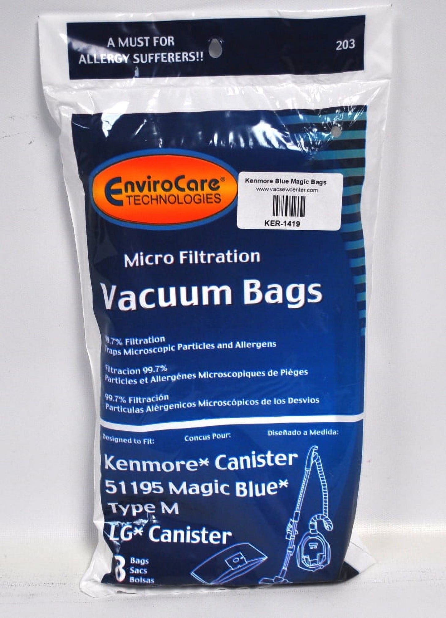 Kenmore Magic Blue Vacuum Cleaner Bags for Kenmore Style 51195 (8 Pack)