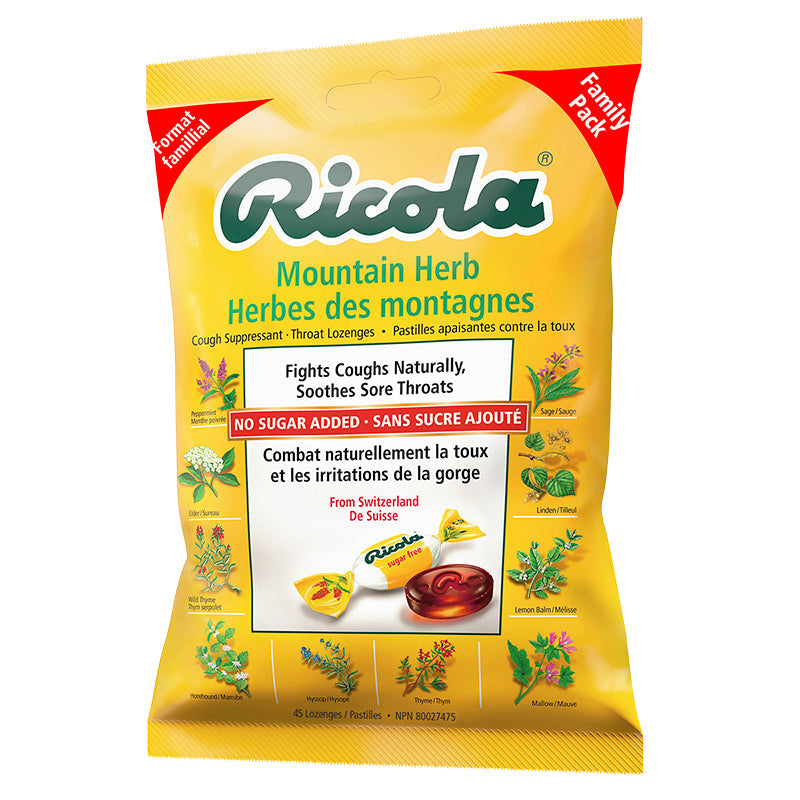 Ricola Cough Suppressant Throat Lozenges - Mountain Herb No Sugar Added - 45s