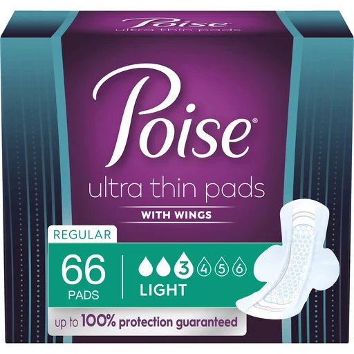Poise Ultra Thin Regular Length Incontinence & Postpartum Pads With Wings - Light Absorbency - 66 Count