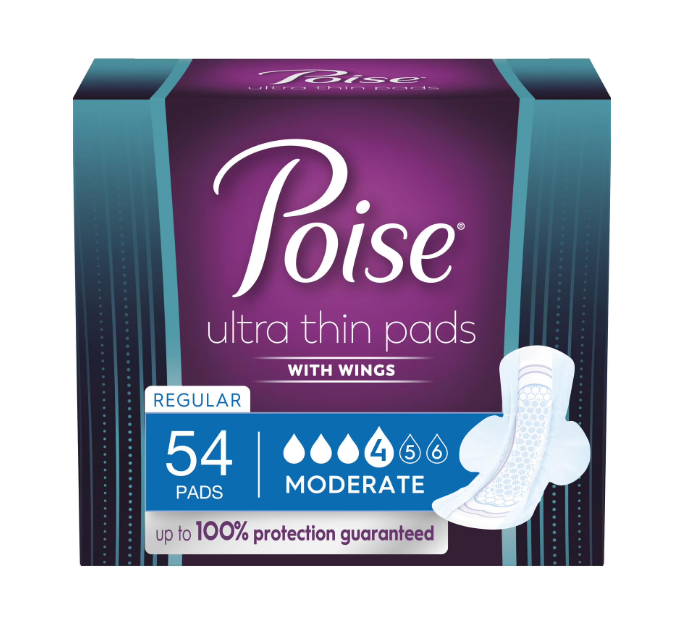 Poise Ultra Thin Regular Length Incontinence & Postpartum Pads With Wing Medium Absorbency 54 Count