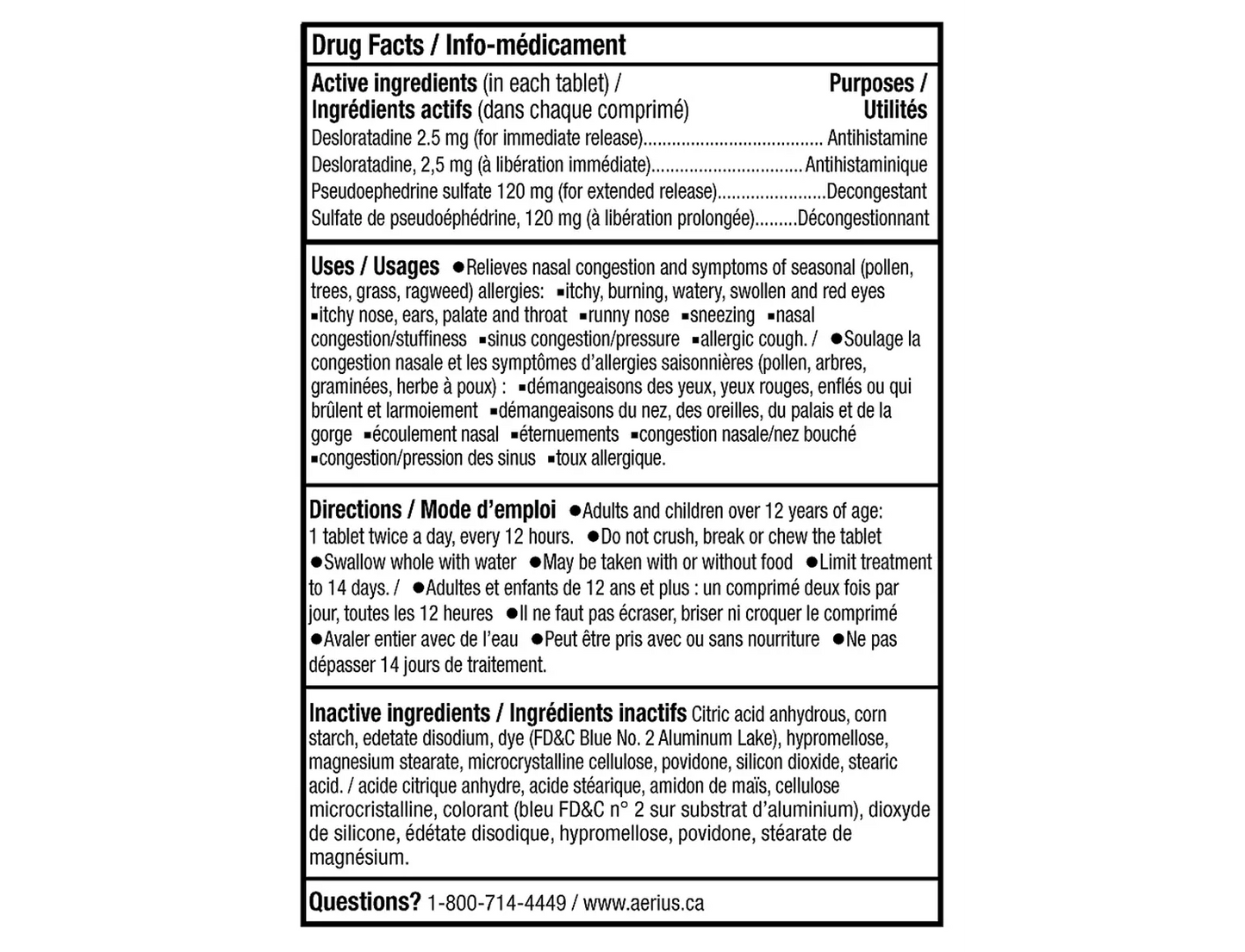 Aerius Double Action 12 Hour Sinus Decongestant + Allergry - 20s