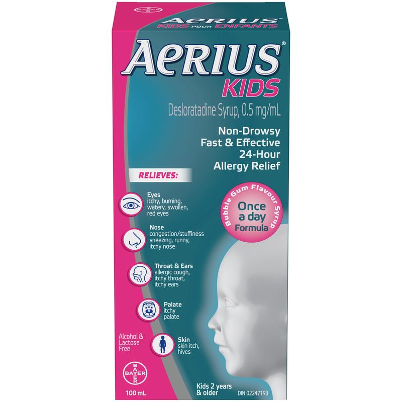 Aerius Kids, Allergy Medicine, 24-Hour Non-Drowsy Relief Syrup, 15 Symptoms, Bubble Gum Flavour, 100 mL