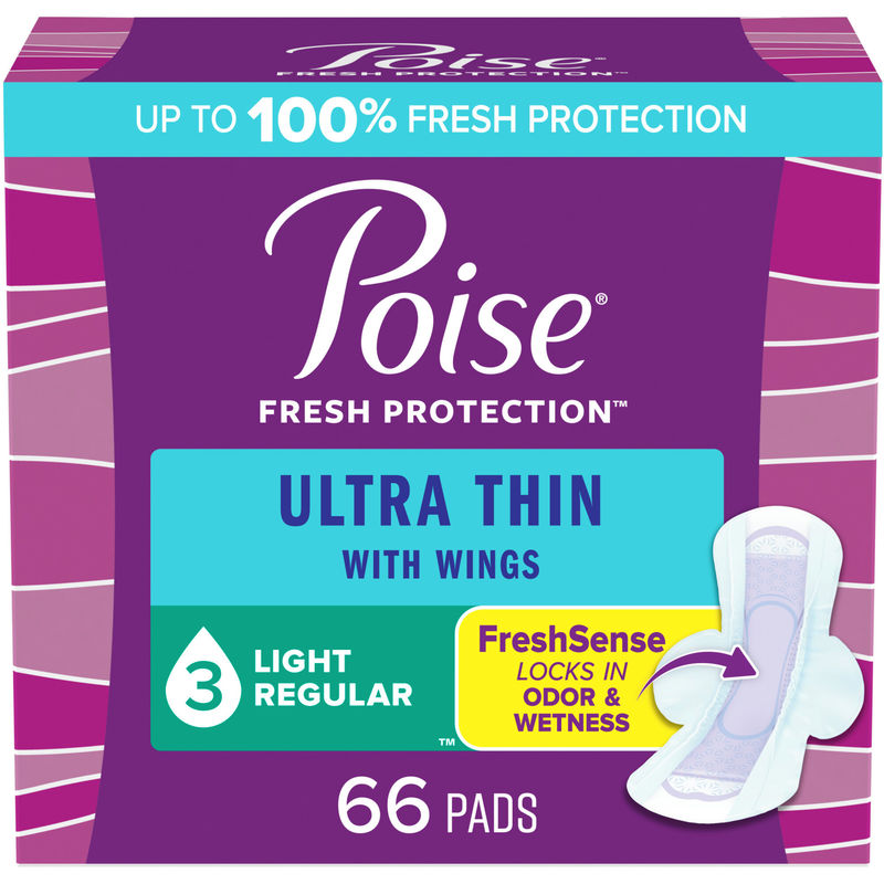 Poise Ultra Thin Postpartum Incontinence Pads with Wings (Light, Regular, 66‑Count)