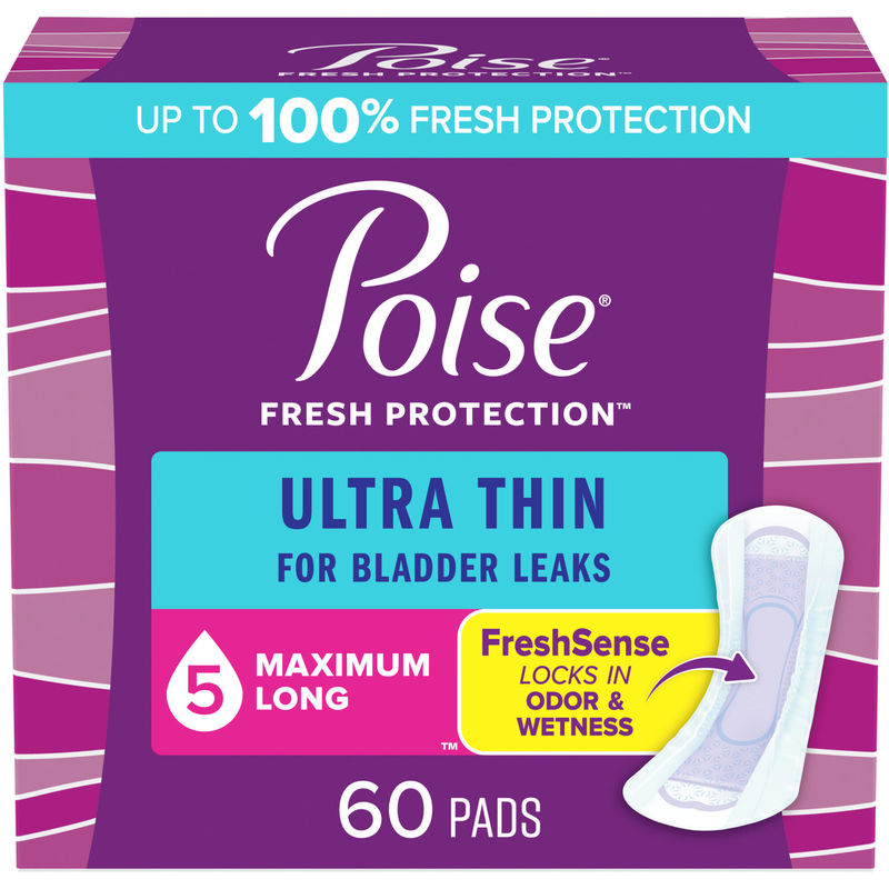 Poise Ultra Thin Postpartum Pads with Wings – Light Absorbency, Regular Length, 60 Count