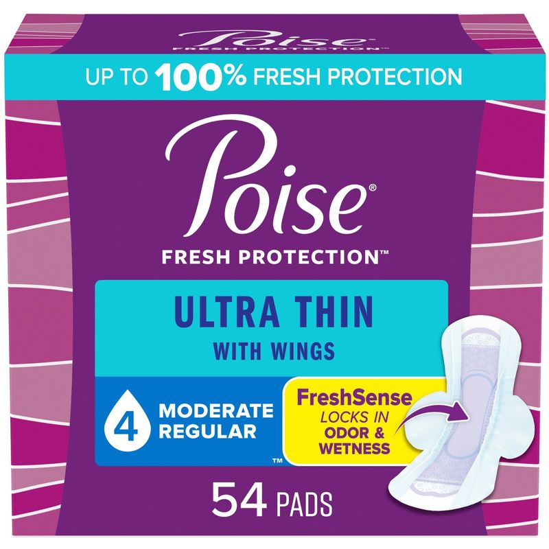 Poise Ultra Thin Postpartum Incontinence Pads with Wings, Moderate Absorbency, Regular Length, 54 Count
