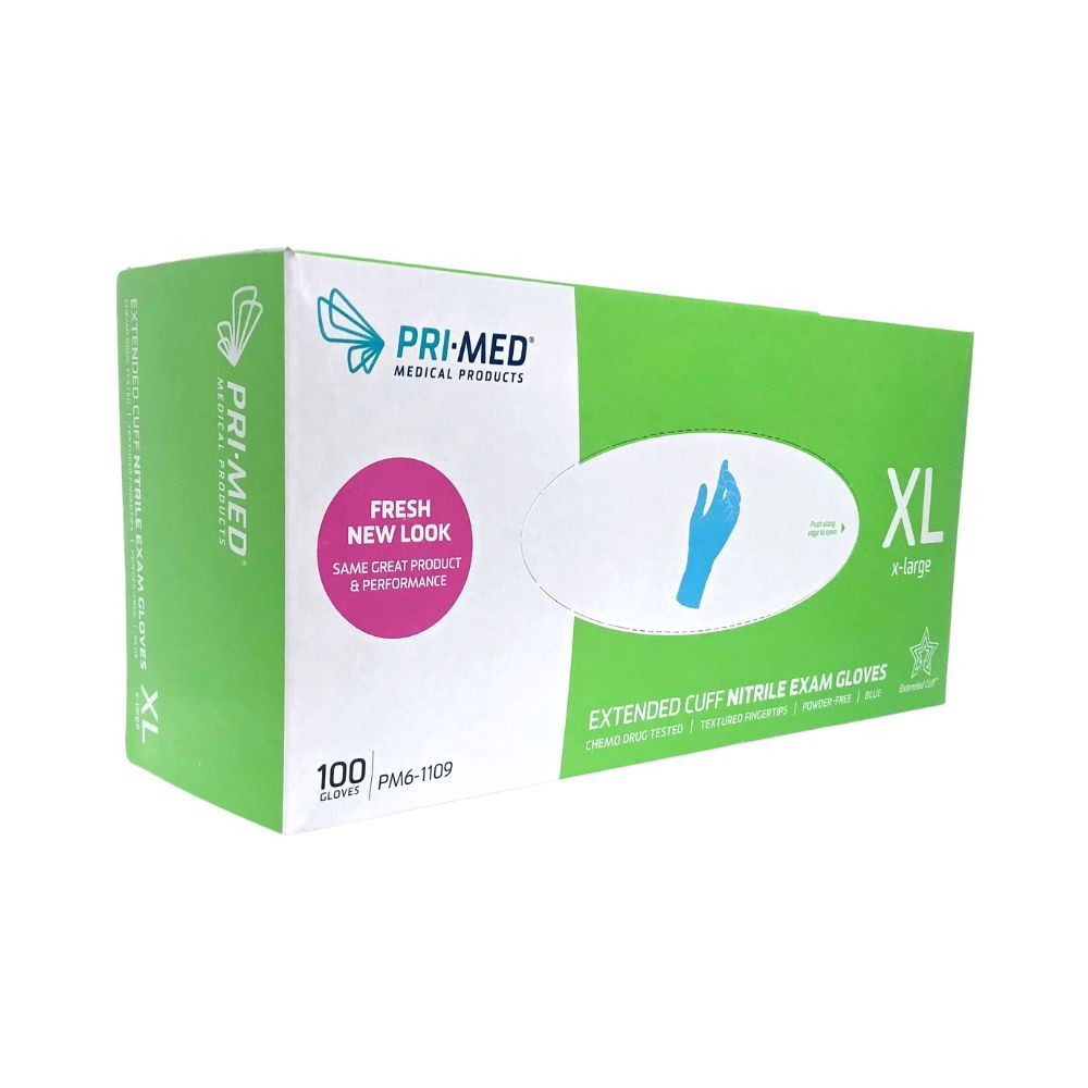 PRIMED® Extended Cuff Nitrile Gloves (100 per box), X-Large (Box 100 pcs)