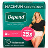 Depend Fresh Protection Incontinence Underwear for Women - Maximum - Extra Large - 15's