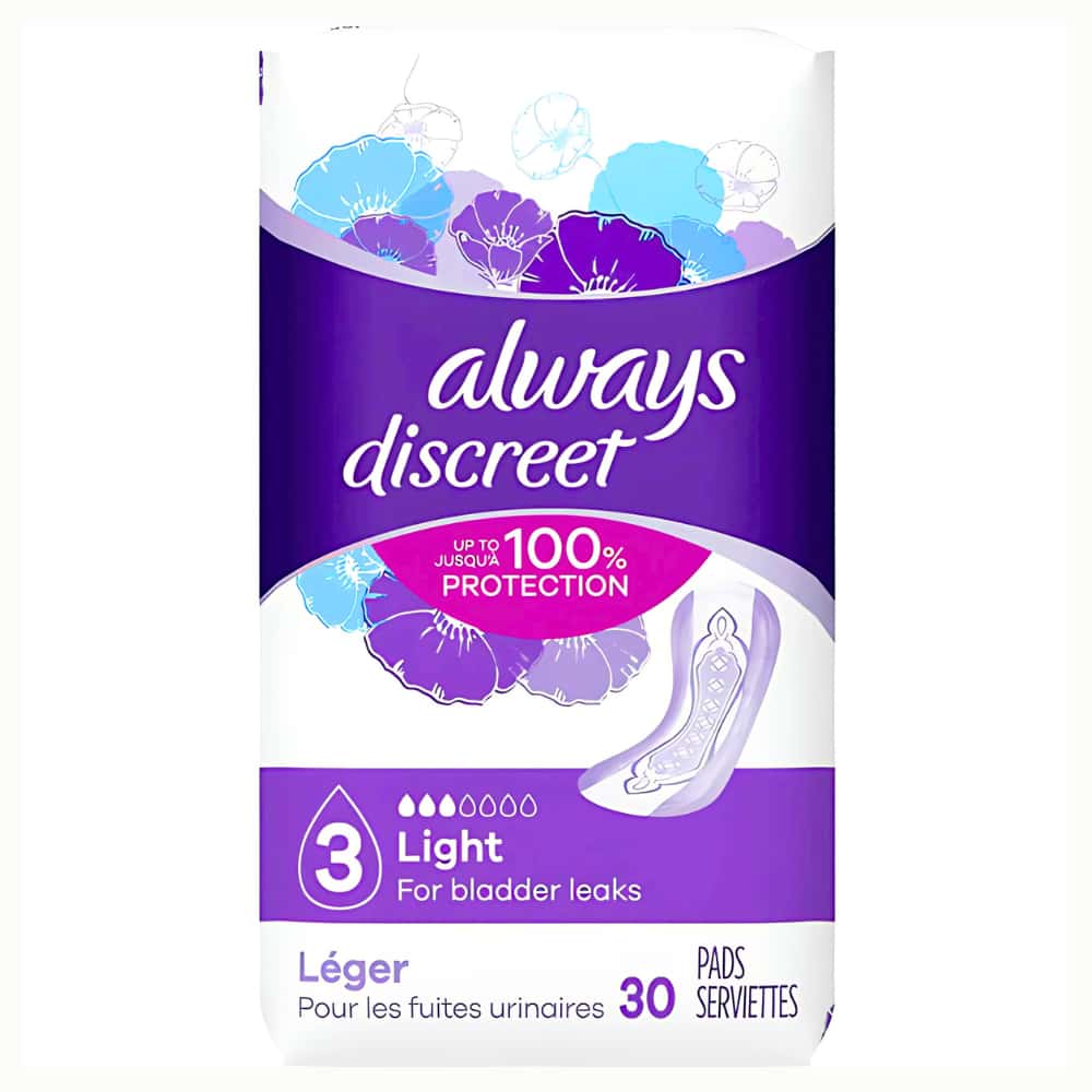 Discreet Light Incontinence Pads, 30 Count