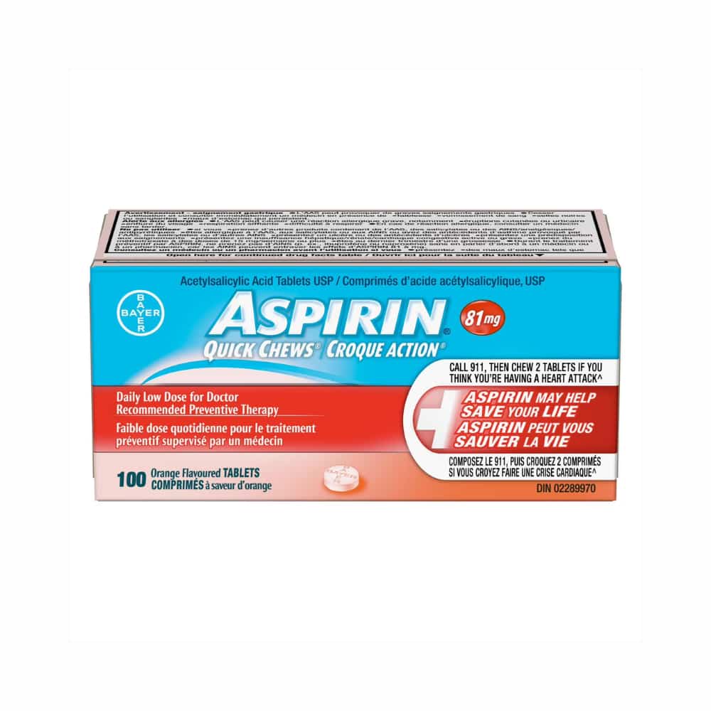ASPIRIN 81mg, Daily Low Dose Quick Chews, Orange Flavour, 100 Tablets