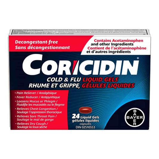 Coricidin Decongestant Free Cough and Cold Medicine - Cough, cold and flu medicine for adults – Effective Symptom Relief From Sore Throat, Cough, Chest Congestion, Fever, and Headaches, 24 Liquid Gels