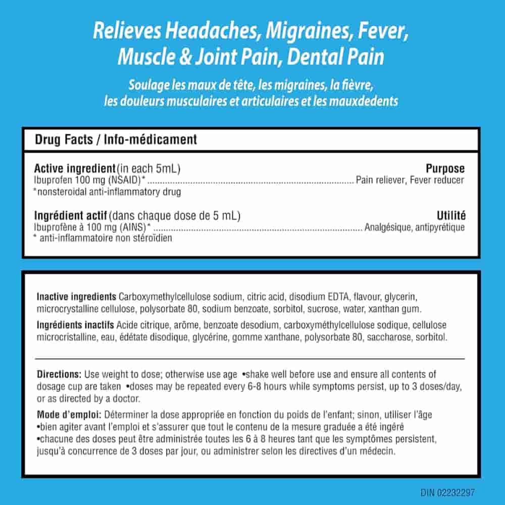 Children's Advil Fever and Pain Relief Ibuprofen Oral Suspension, Dye Free, Grape, 100 mL