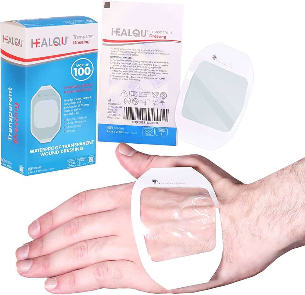 Transparent Film Dressing, 2.3" x 2.75" Pack of 100 Waterproof Wound Bandage Adhesive Patches, Post Surgical Shower or IV Shield, Tattoo Aftercare Bandage by Healqu