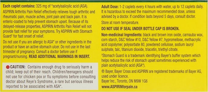 ASPIRIN Regular Strength 325mg, Fast & Effective Relief of Headaches, Joint & Body Pain, Fever, Pain from Cold & Flu, 100 Tablets
