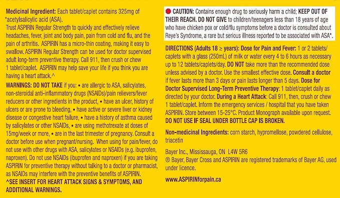 ASPIRIN Regular Strength 325mg, Fast & Effective Relief of Headaches, Joint & Body Pain, Fever, Pain from Cold & Flu, 200 Tablets