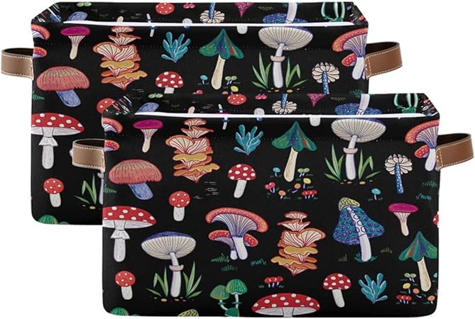 Bohomia Magic Mushroom Storage Basket Large Bin Laundry Boxes Toys Foldable Home Organizer Bag 14.2x10.2x8.3 Inches 2 PCs