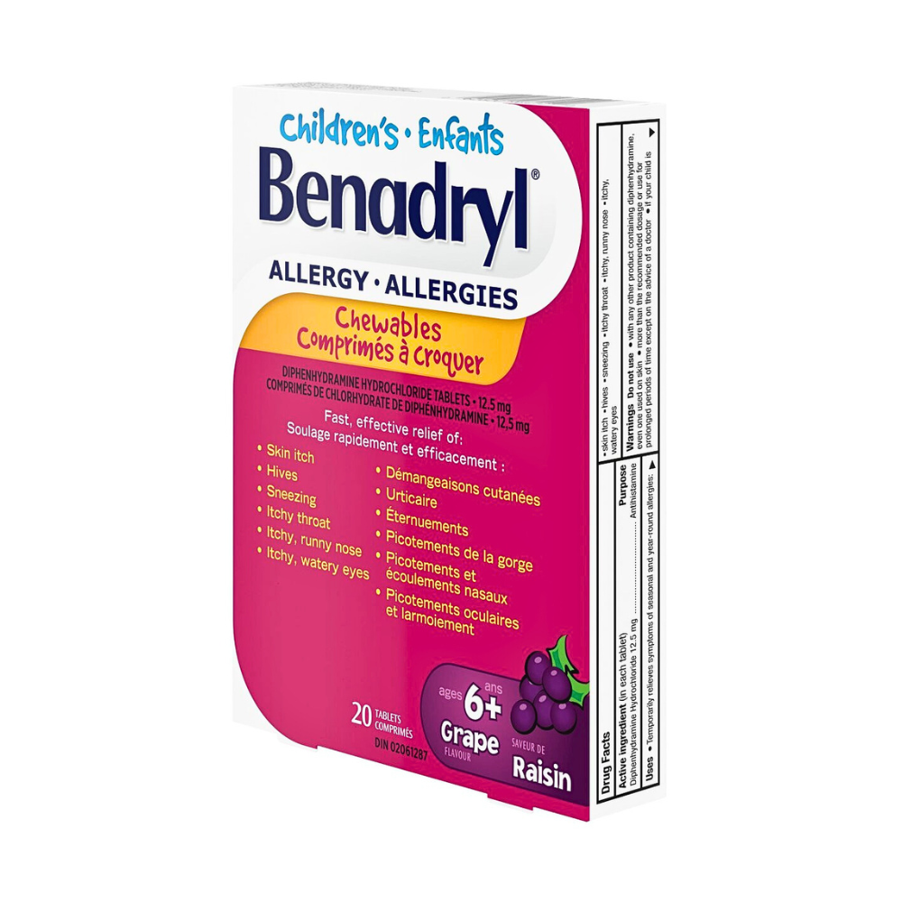 Children’s Benadryl Grape flavor chewable tablets for allergy and runny nose relief