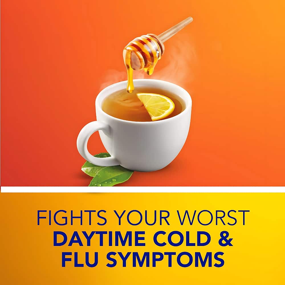 DayQuil Hot Remedy Cold, Flu & Congestion Medicine, Daytime, Non-Drowsy Relief for Fever & Headache, Sore Throat Pain, Nasal Congestion, Cough, Multi-Action, Honey Lemon Flavoured Good