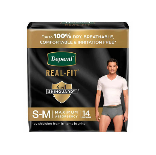 Depend Real Fit Incontinence Underwear for Men, Disposable, Maximum Absorbency, Small/Medium, Black and Grey