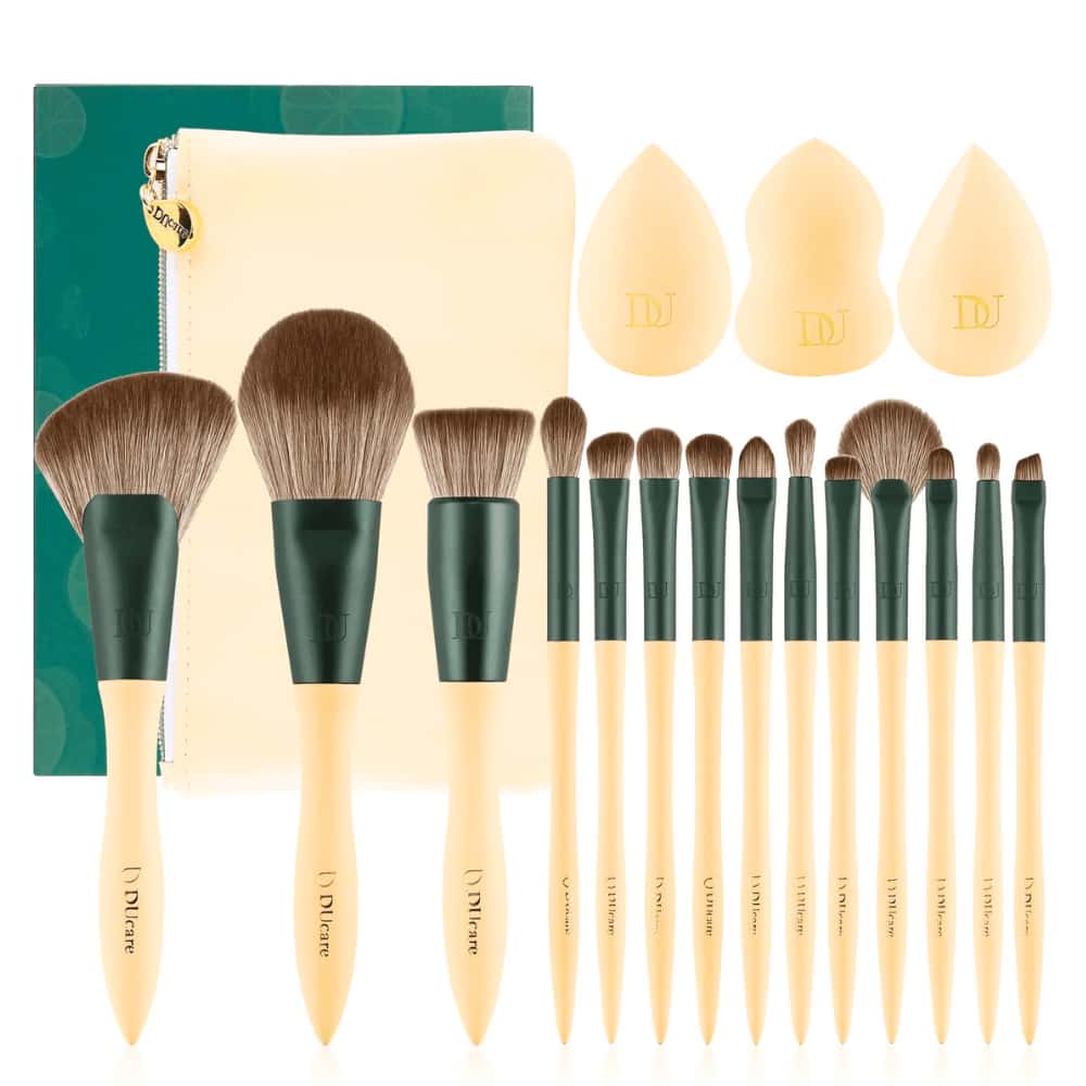 Ducare Makeup Brushes14Pcs with 3Pcs Makeup Spong & Cosmetic Bag Lime Mojito Series Professional Kabuki Foundation Blending Brush Face Powder Blush