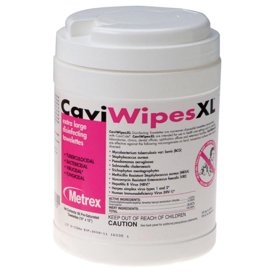 Metrex Caviwipes 13-1150 Disinfecting Towelettes 10 in. x 12 in. (2 Canisters of 66)