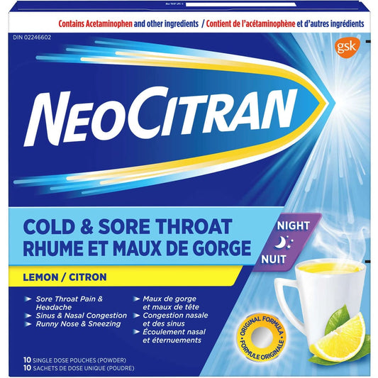 NeoCitran Cold & Sore Throat Night - Lemon - 10s