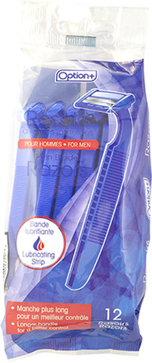 Option+: Twin Blade Razors with Lubricating Strip For Men | 12 Razors