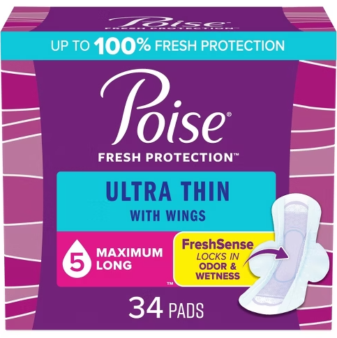 Poise Ultra Thin Long Length Incontinence & Postpartum Pads With Wings - Maxium Absorbency - 34 Count