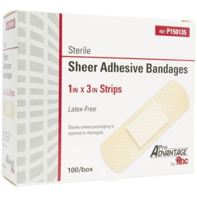 Pro Advantage® Sheer Adhesive Bandages, 3/4" x 3" Strips (Box 100 pcs)