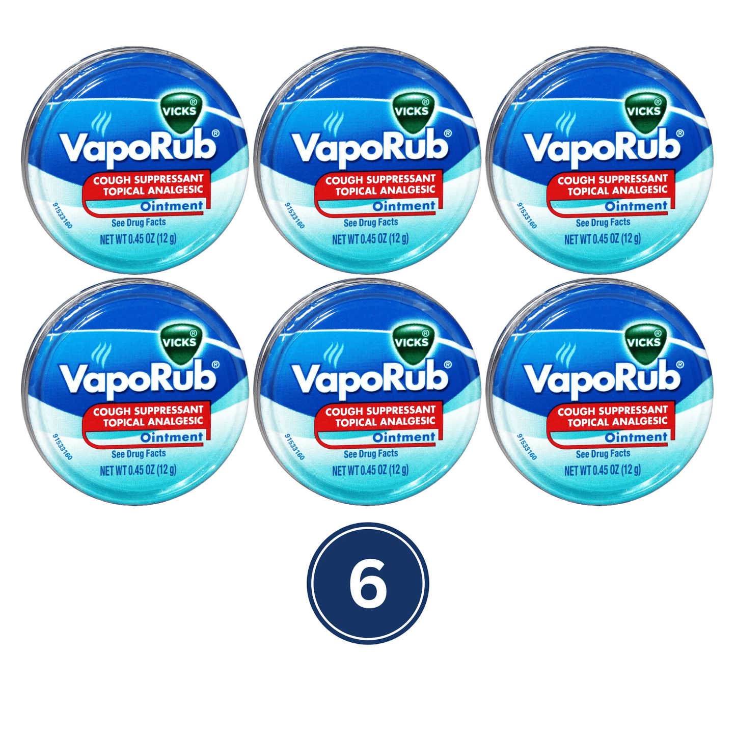 Vicks Cough Suppressant Topical Analgesic Ointment Travel Tin 0.45 oz. 6 Pack