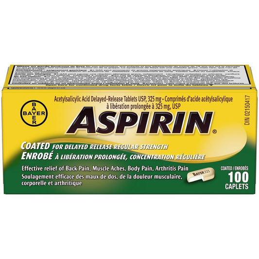 ASPIRIN Regular Strength 325mg, Fast & Effective Relief of Headaches, Joint & Body Pain, Fever, Pain from Cold & Flu, 100 Tablets