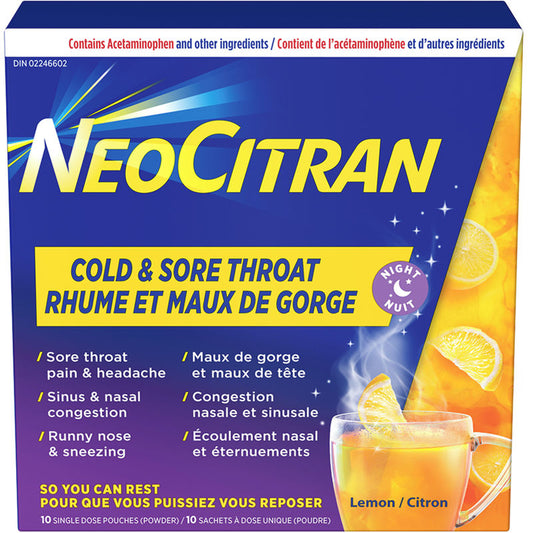 NeoCitran Nighttime Cold & Throat Relief – Lemon, 10 Pack
