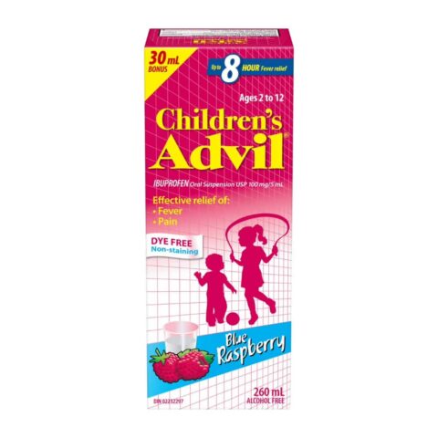 Children's Advil Fever and Pain Relief Ibuprofen Oral Suspension, Dye Free, Blue Raspberry, 230 mL