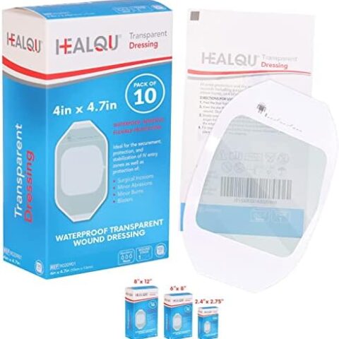 Transparent Film Dressing, 4" x 4.7" Pack of 10 Waterproof Wound Bandage Adhesive Patches, Post Surgical Shower or IV Shield, Tattoo Aftercare Bandage by Healqu
