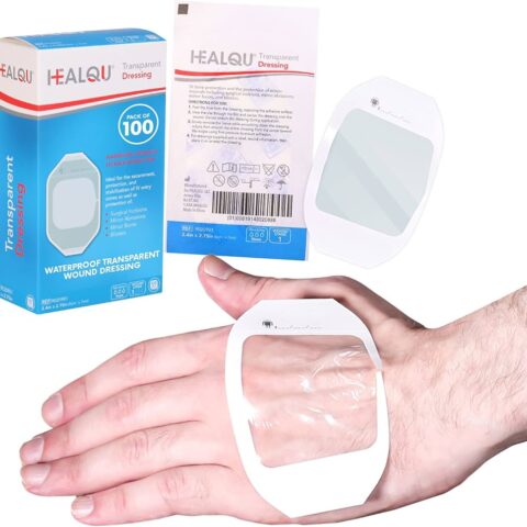 Transparent Film Dressing, 2.3" x 2.75" Pack of 100 Waterproof Wound Bandage Adhesive Patches, Post Surgical Shower or IV Shield, Tattoo Aftercare Bandage by Healqu