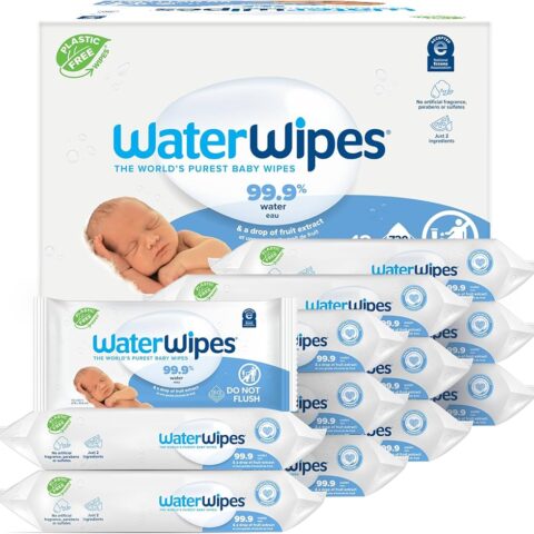 WaterWipes Plastic-Free Original Baby Wipes, 99.9% Water Based Wipes, Unscented & Hypoallergenic for Sensitive Skin, 540 Count (9 packs), Packaging May Vary